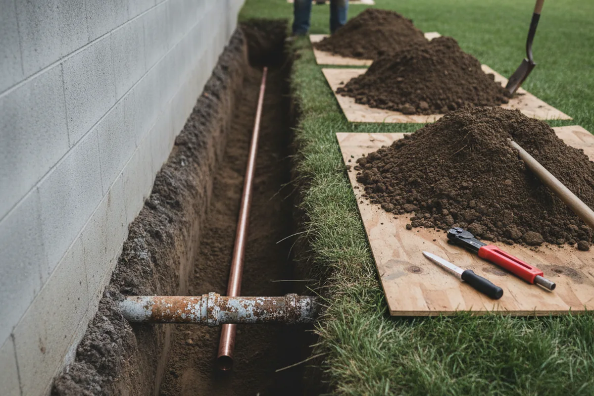 Excavated water line trench during Sewer Line Repair in Beulah